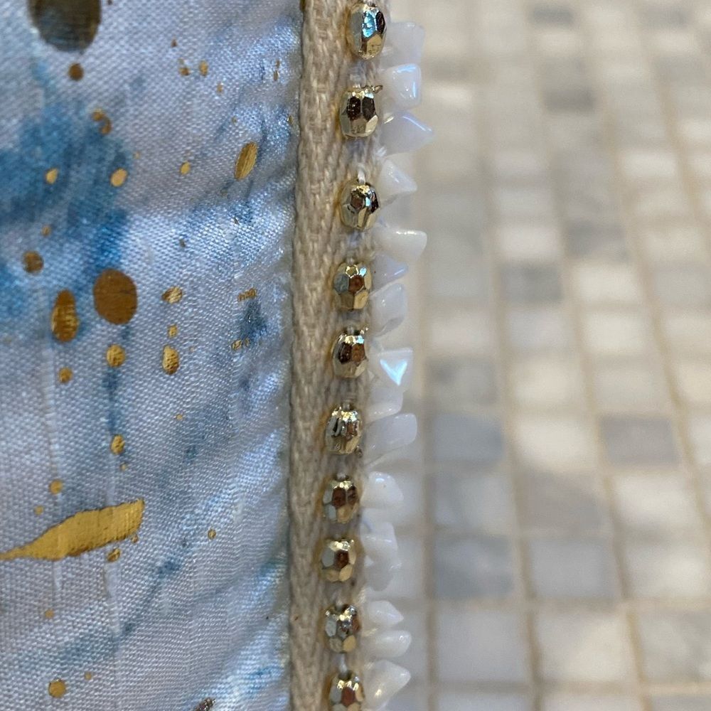 Anthropologie Silk Blue and Gold Lumbar with Stone Trim - Picture 9 of 13